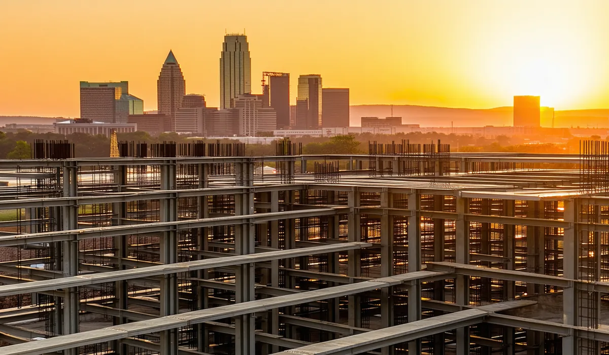 Construction project site in Austin showing structural steel framing of a commercial building under construction, blue sky background