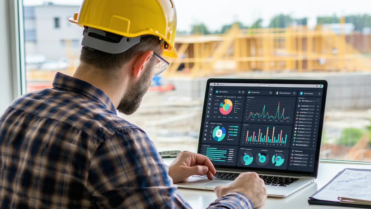 Project manager reviewing multiple construction software dashboards