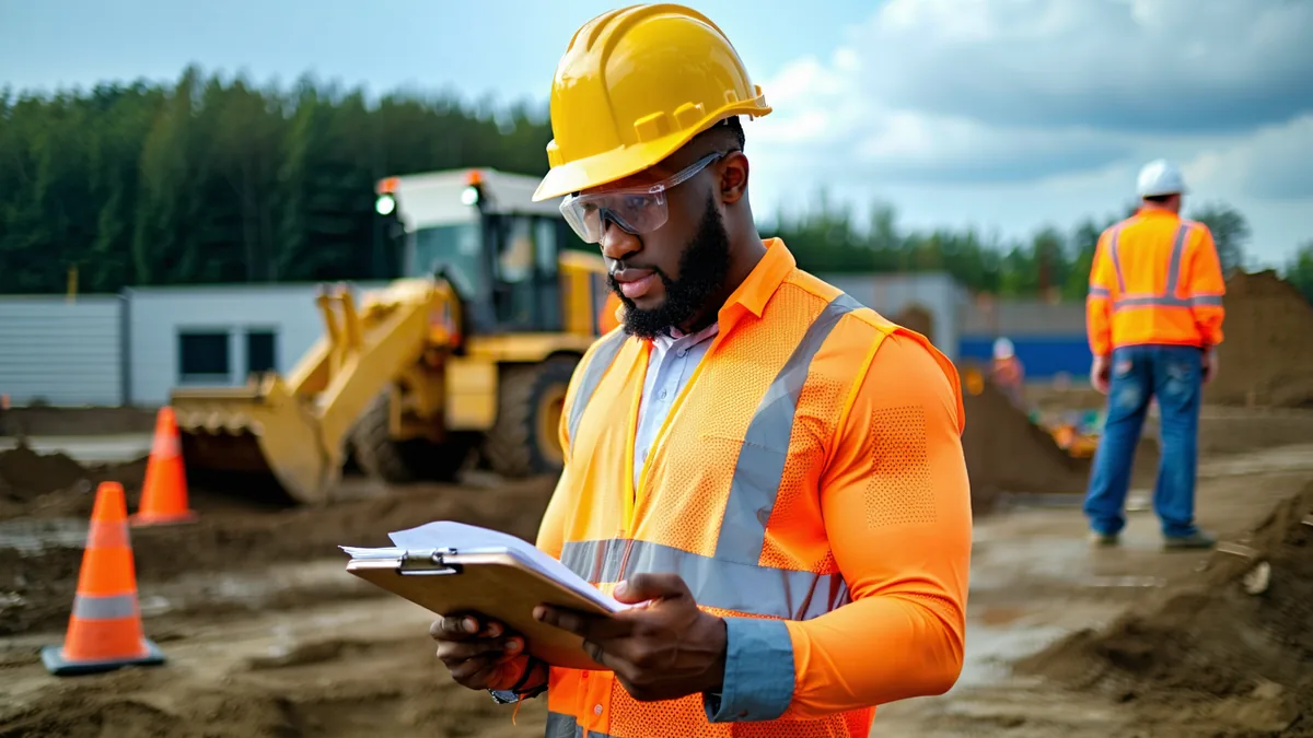 GC superintendent completing a digital daily log on a tablet at a construction site