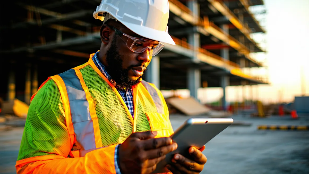 Field superintendent reviewing an RFI on mobile device at a construction site