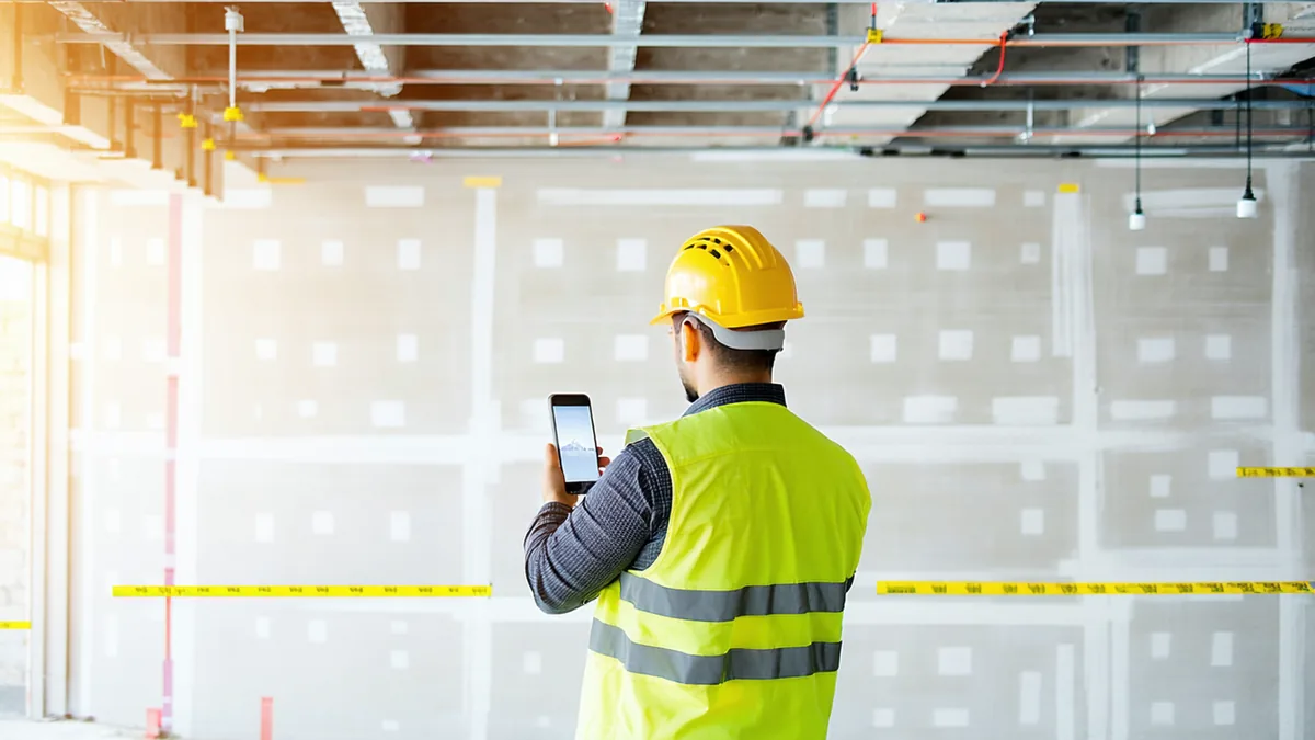 Project manager reviewing a completed punchlist on tablet in a commercial hallway