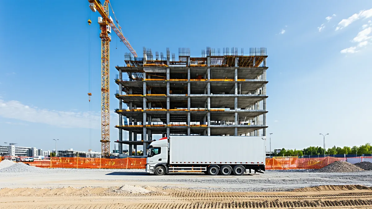 Commercial construction site with field trailer and rising steel tower
