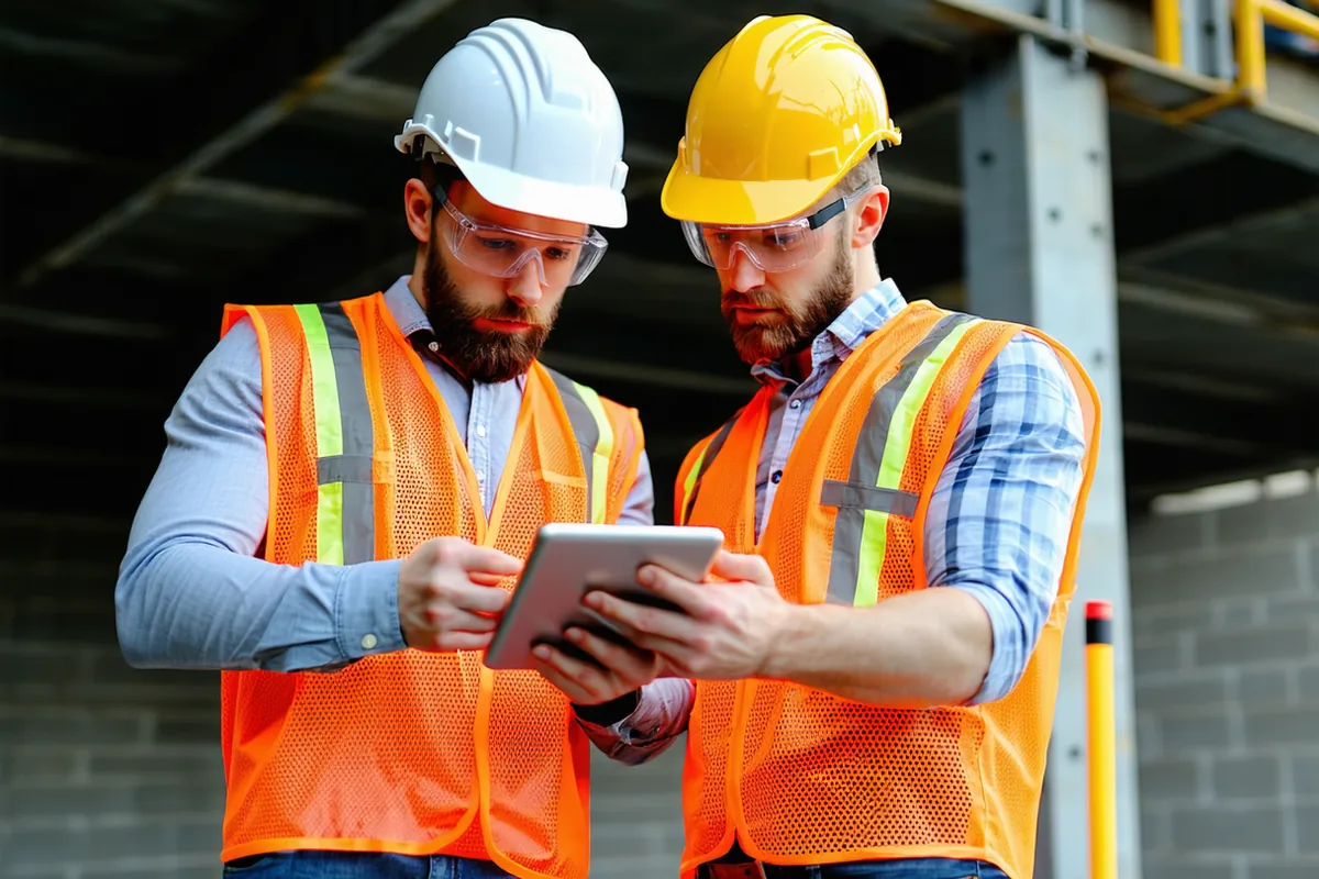 Two construction workers reviewing project plans on a tablet at a commercial building site, steel frame structure visible in background