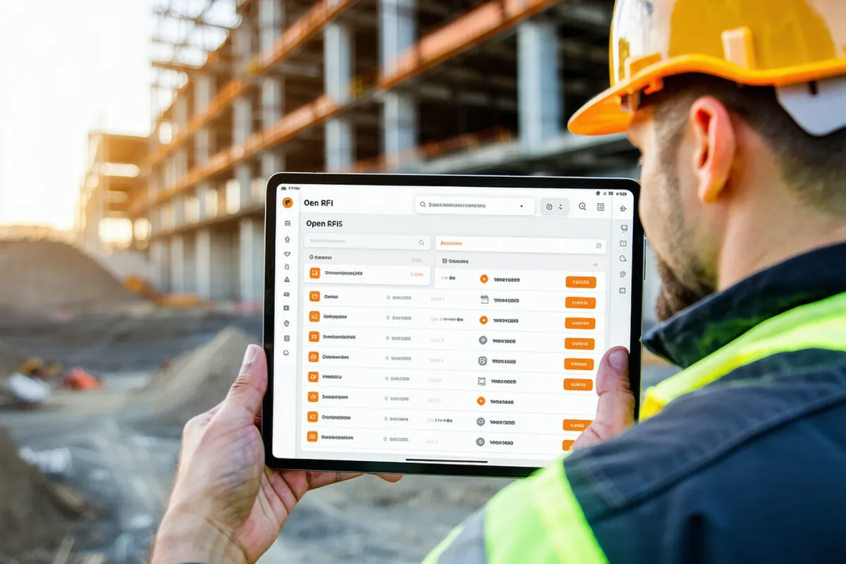 BuildVyne RFI management interface shown on a tablet device held by a construction worker in a hard hat on a jobsite
