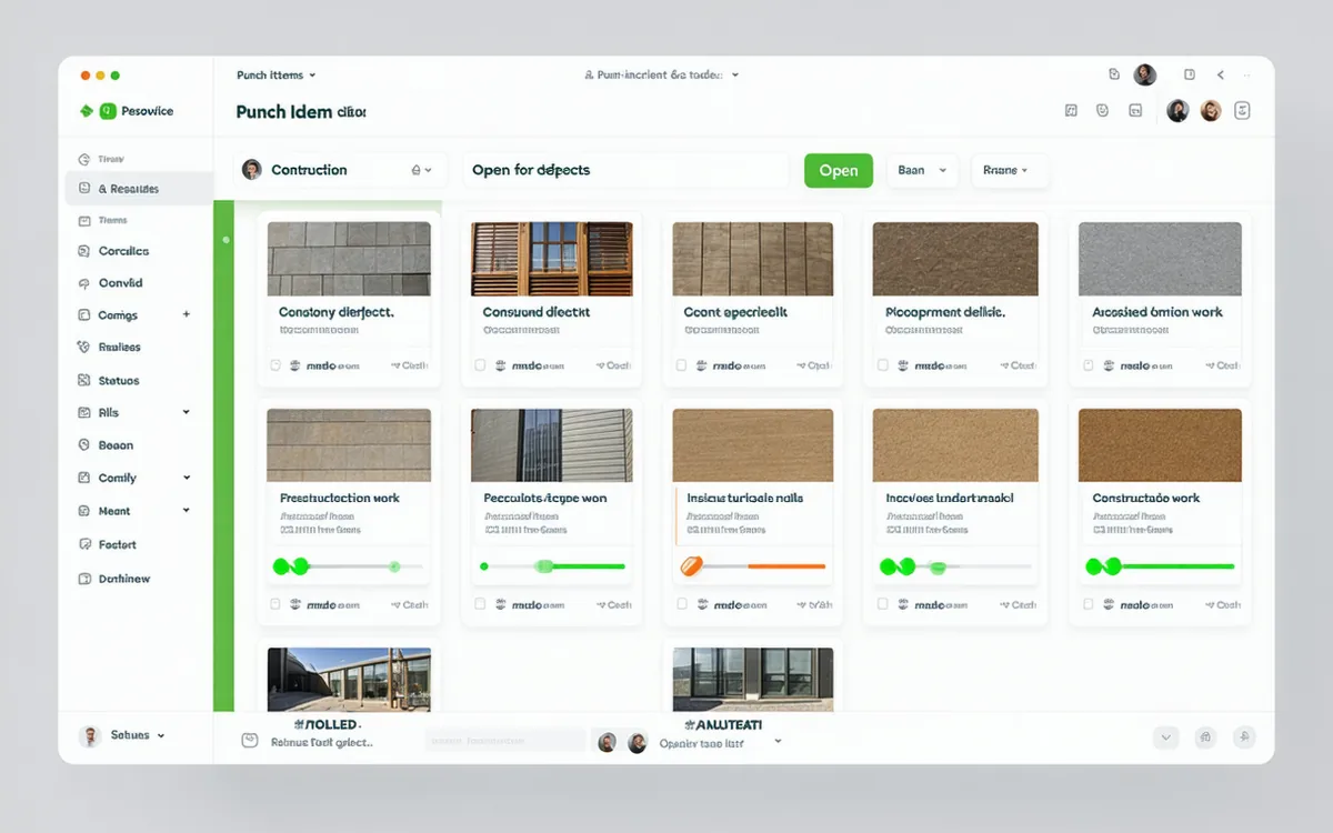 BuildVyne punchlist interface showing a list of items with photo thumbnails and completion status