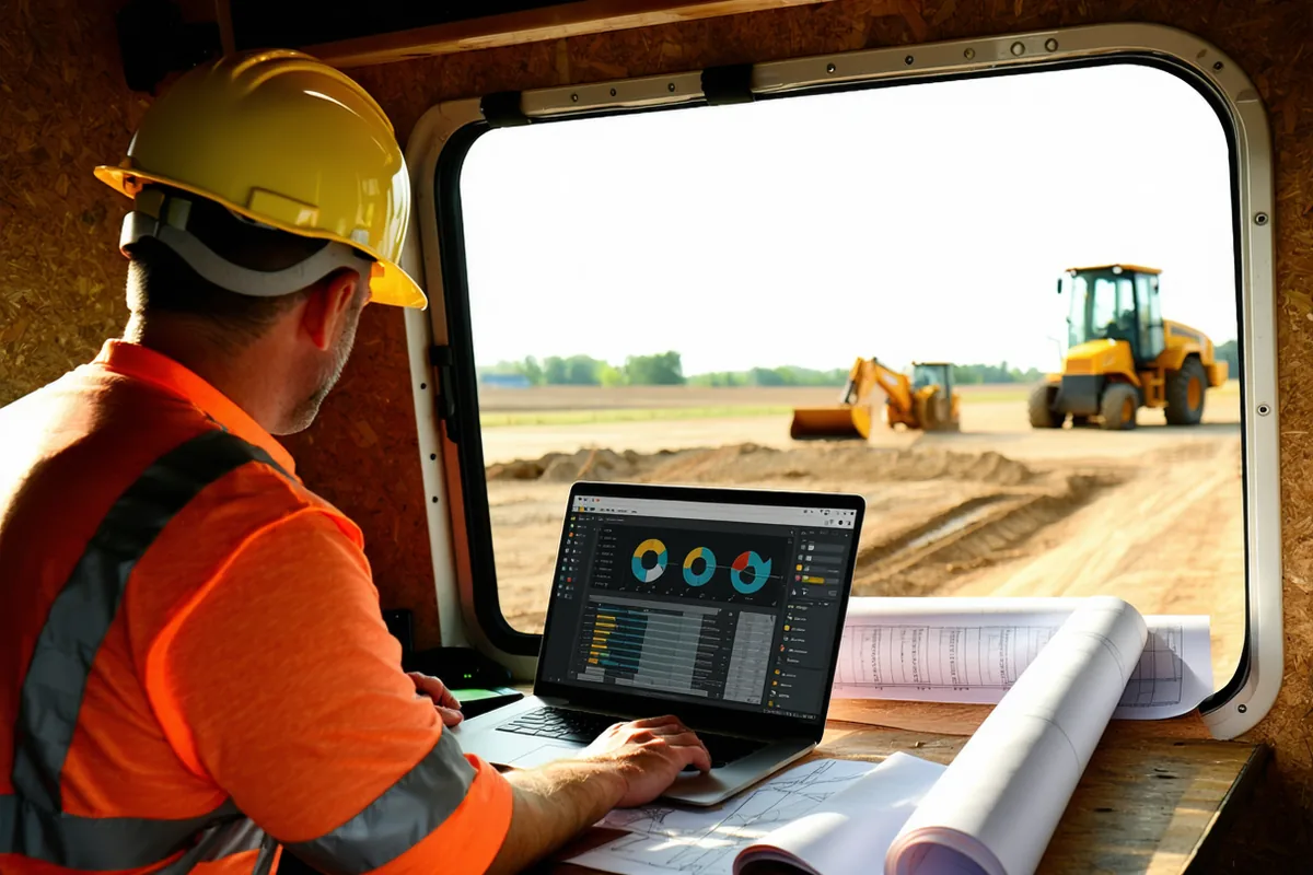 Developer reviewing project documentation on a laptop in a modern office, mobile phone with construction app visible on desk beside city skyline